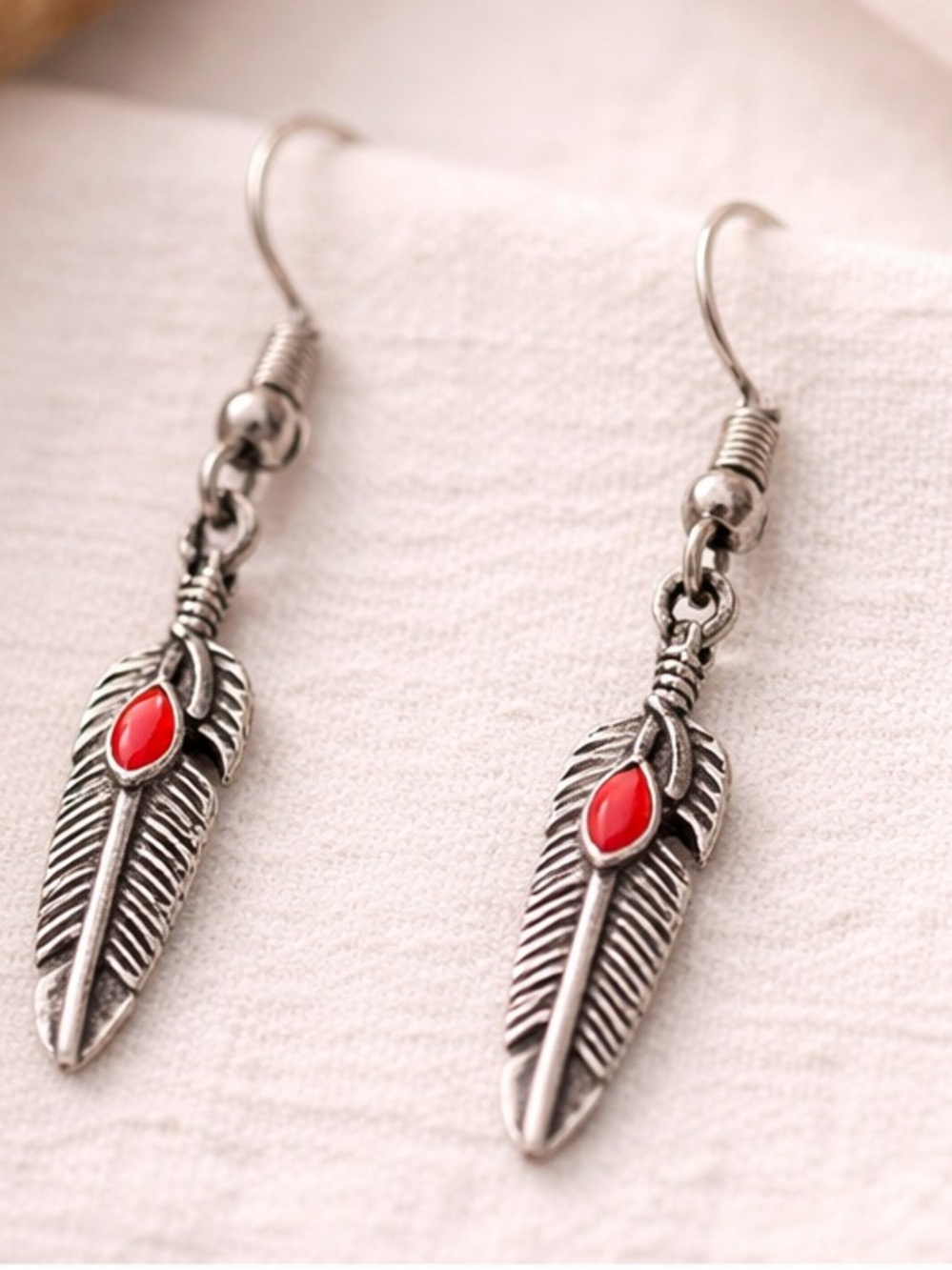 Silver Feather Drop Earrings Red Stone Boho Western Dangle